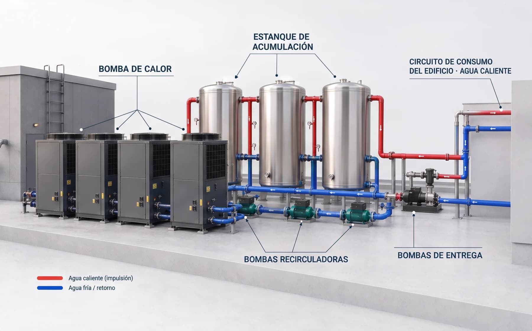 Esquema de referencia de bombas de calor y estanques de acumulación